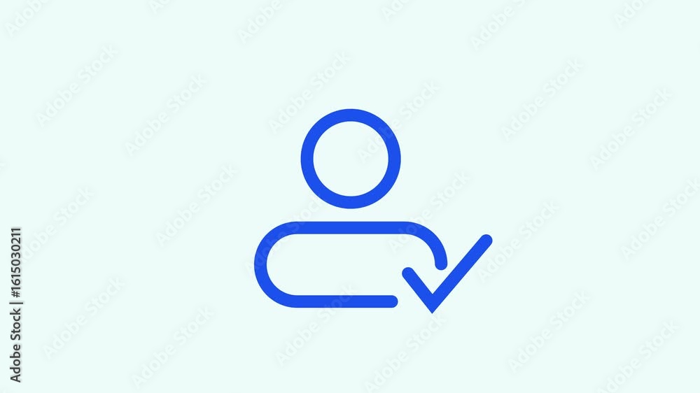 Poster blue line illustration of a person with a check mark signifying approval. approved user illustration