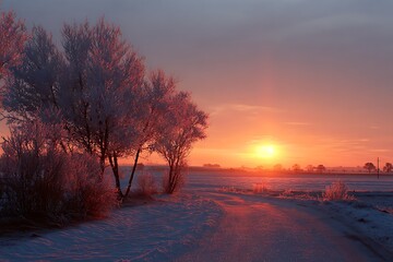 Chilled winter sunrise with rural landscape backdrop  

