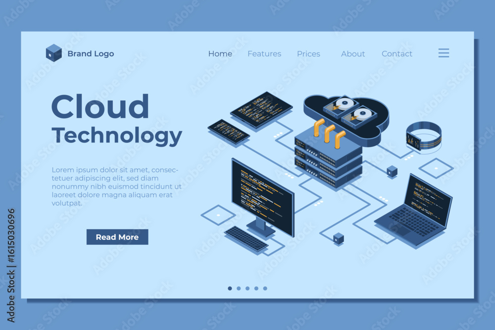 Poster isometric cloud technology computing landing page. isometric network with computer, laptop, tablet, 