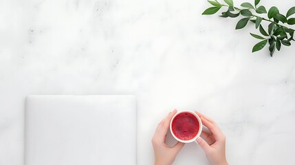 Cozy morning coffee break with a book and greenery