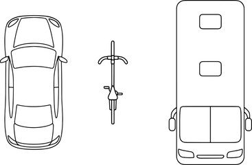 Top View Transport Symbols &ndash; Car, Bicycle, and Bus Outline Icon Set for Architectural Floor Plans