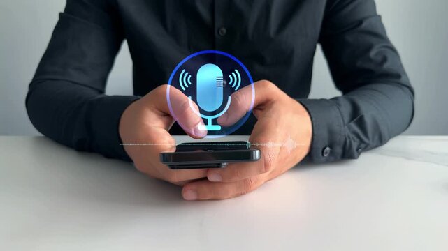 Voice recording and voice search concept.Sound recording or voice search with ai, speaker, music, voice message,assistance and marketing.Person using smartphone with virtual microphone.	