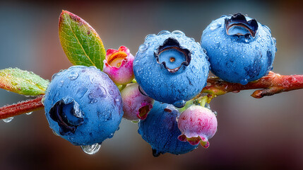 Freshly picked blueberries with droplets of water on a branch in a vibrant garden during early morning hours