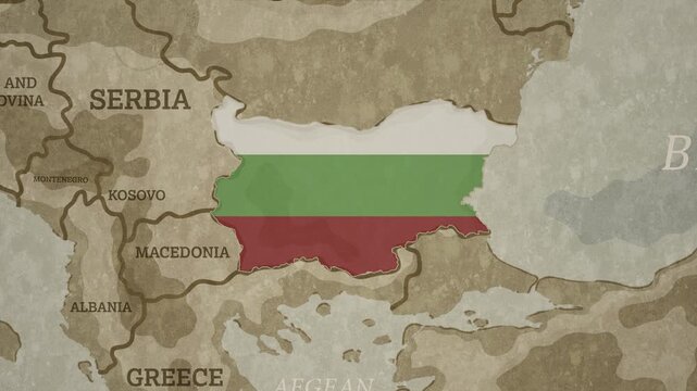 Vintage Style World Map with Bulgaria highlighted in National Flag Overlay