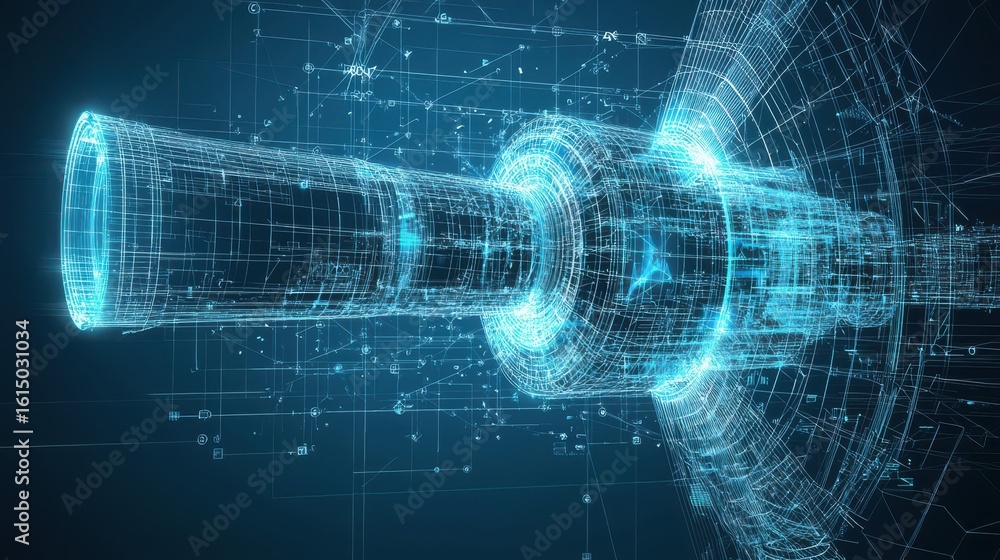 Poster a highly detailed wireframe rendering of a complex futuristic spacecraft or rocket engine design