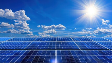 Rows of solar panels in a large scale solar energy farm harnessing the power of the sun to produce clean renewable electricity under a bright cloudless sky