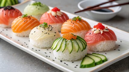 Colorful Temari Sushi Balls Arranged on a Ceramic Plate