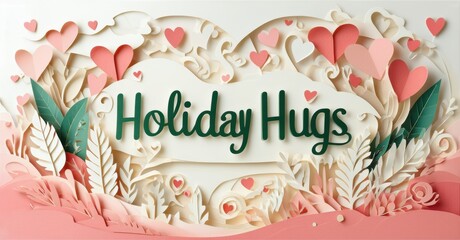 Papercraft design features hearts, foliage, text Holiday Hugs. Soft pink hues dominate, creating festive, layered effect.