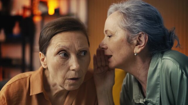 Senior woman telling a secret to shocked friend at home, fun gossip moment