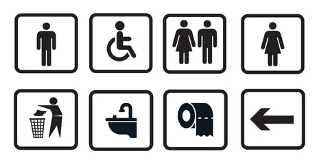 Washroom signs. Restroom or toilet door sign set containing gents, ladies, disabled, baby changing. Printable sticker. Transparent vector illustration.