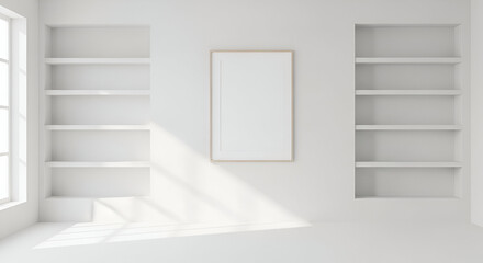 Minimalist Empty Room with Shelves and Framed Blank Canvas on White Wall Illuminated by Natural Light from Large Window