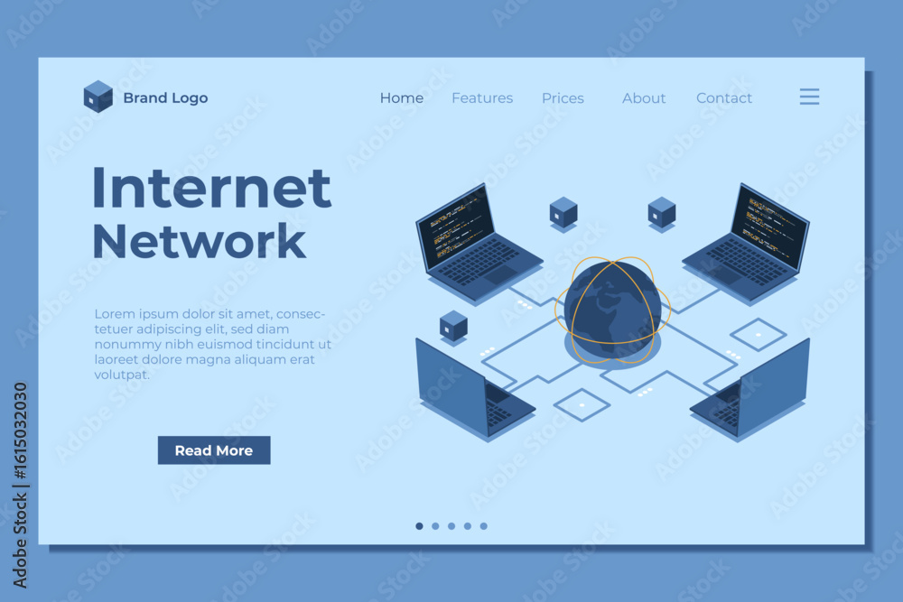 Poster isometric laptop connected with globe landing page. global communication internet network. storage a