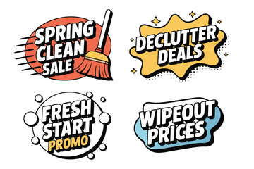 Fototapeta premium Four Comic-Style Sale Promotion Badges: Spring Clean, Declutter Deals, Fresh Start, Wipeout Prices