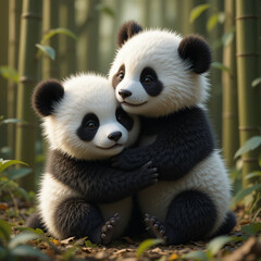 Fototapeta premium giant pandas eating bamboo in forest enjoying company 