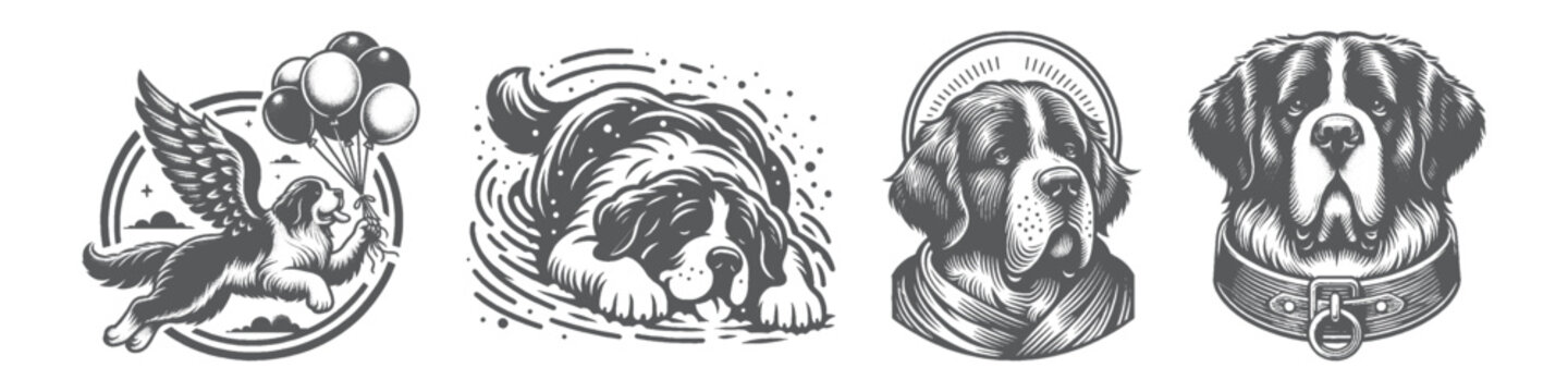 Vintage Hand-Drawn Saint Bernard Has Wings Collection Illustration, Fantasy Dog Character Engraved Style Vector for T-Shirts and Whimsical Themes Design