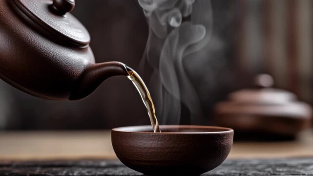 Close-up of a Chinese clay teapot with a hot stream of tea pouring into a steaming cup. Traditional tea ceremony, brewing tea