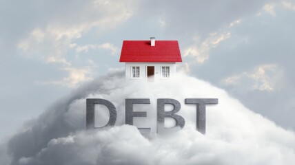 Real estate foreclosure crisis, House on clouds with the word "DEBT" symbolizes financial burdens in a surreal setting.