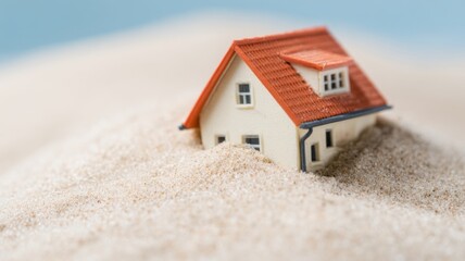 Real estate foreclosure crisis, A miniature house partially buried in fine sand, evoking themes of isolation and desolation.