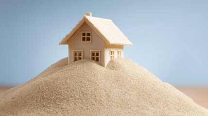 A small house model sits atop a pile of sand, symbolizing construction or a dream home.