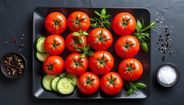 Red tomatoes and cucumber slices arranged on a dark rectangular plate, garnished with herbs and spices