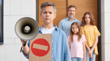 A child holds a megaphone and a sign, standing confidently in front of family members indoors.