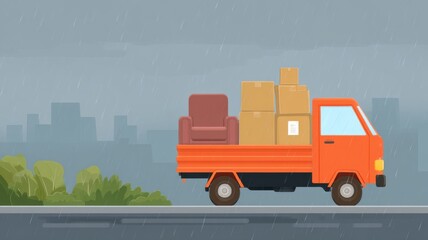 Real estate foreclosure crisis, A truck transports boxes and a chair in the rain, set against a city backdrop.