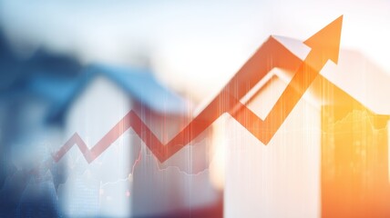 Real estate foreclosure crisis, Graph illustrating upward trends in real estate, with blurred houses in the background.