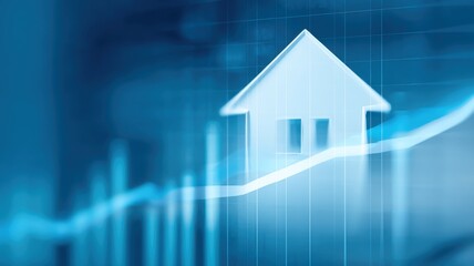 Real estate foreclosure crisis, Abstract representation of a house overlayed on a financial growth chart in blue hues.