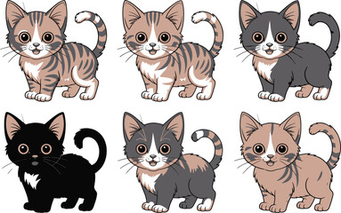Fototapeta premium Six cartoon kittens in various colors and patterns