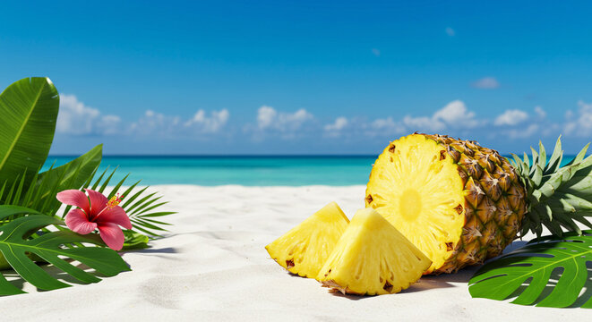 A sliced pineapple with tropical leaves around