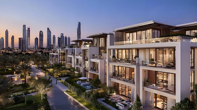 Modern luxury villas with extensive landscaping, overlooking a city skyline. A quiet street leads to the villas, with multiple floors and balconies. Outdoor patio spaces and pools are featured