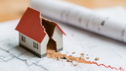 Real estate foreclosure crisis, A broken house model on architectural plans symbolizes construction issues.