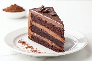 A decadent chocolate cake slice with rich layers and chocolate garnish served on a plate, perfect for dessert displays or pastry promotions, conveying indulgence and sweetness.