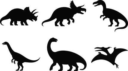 Six black dinosaur silhouettes on a white background