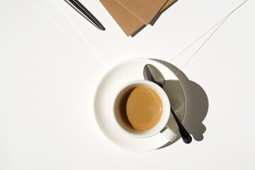 Coffee Break. Cup of Espresso at Workplace. Business Day Planning.