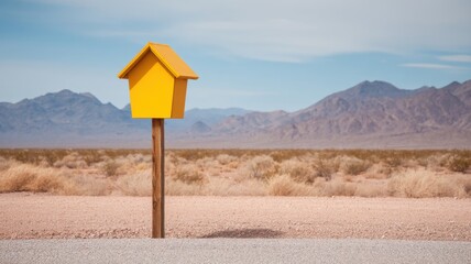 Real estate foreclosure crisis, A bright yellow birdhouse stands alone in a barren landscape with distant mountains.