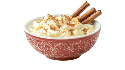 • A bowl of eggnog with cinnamon sticks for Christmas, isolated on white background in HD 