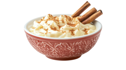 • A bowl of eggnog with cinnamon sticks for Christmas, isolated on white background in HD 