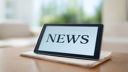 Tablet displaying news on a table with a newspaper underneath.