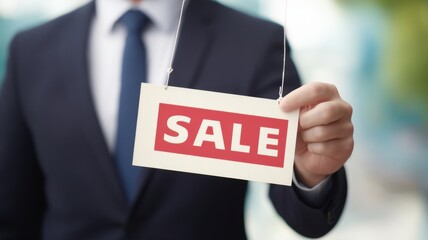 Real estate foreclosure crisis, A businessman holds a "SALE" sign, indicating a promotional offer or discount.