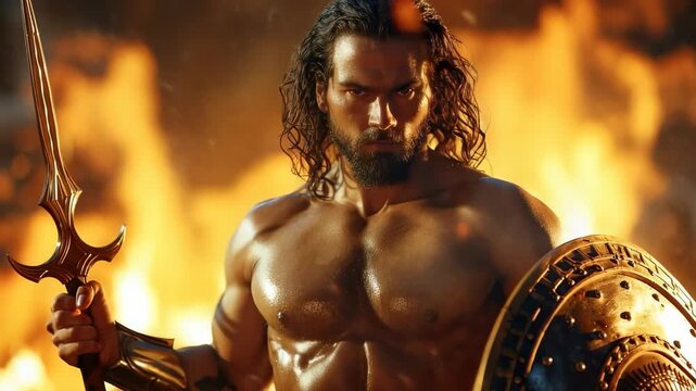 Olympian warlord: deity essence, Greek heritage, Roman god, fierce embodiment, traditional weapon, mountain realm, sacred mythology, ancient warfare, divine origin, martial identity