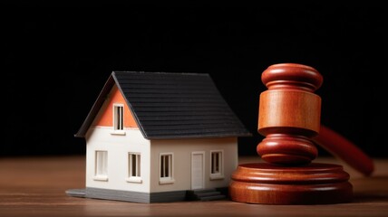 Real estate foreclosure crisis, Model house and gavel symbolize real estate law and legal proceedings.