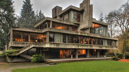 Fototapeta premium Concrete architectural marvel, multi-story home with exposed concrete exterior and large windows. Outdoor lawn surrounds the structure