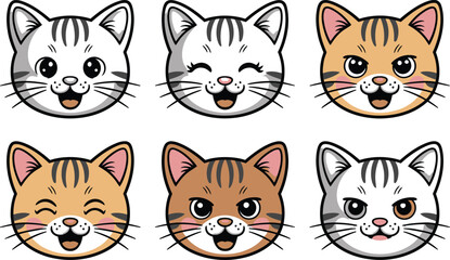 Fototapeta premium Six Cartoon Cat Faces with Different Expressions kitten