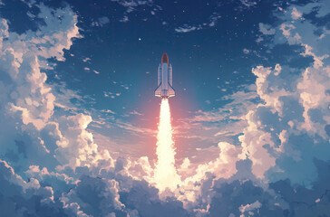 Fototapeta premium Stunning rocket launch soaring through clouds into a beautiful starry sky for exploration and adventure