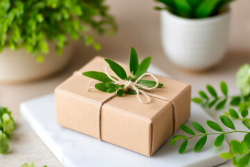 Minimal packaging design with kraft box and natural elements