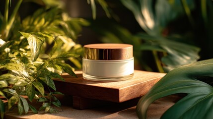 White cosmetic cream jar with wooden lid displayed on a wooden block surrounded by vibrant green plants, promoting natural skincare. 