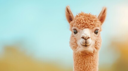 Close up portrait of a curious brown alpaca in a field
