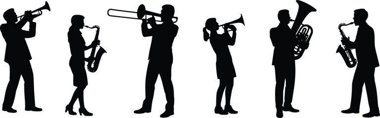 Silhouette of musicians playing wind instruments, trumpet, saxophone, trombone, tuba, jazz band performance, music concert, orchestra group scene
