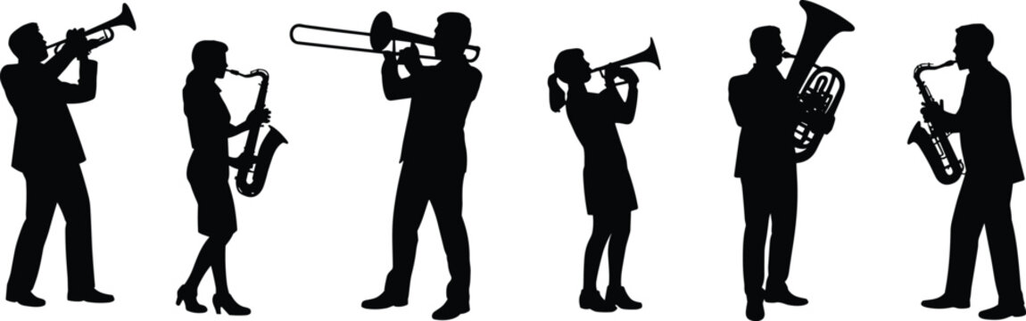 Silhouette of musicians playing wind instruments, trumpet, saxophone, trombone, tuba, jazz band performance, music concert, orchestra group scene